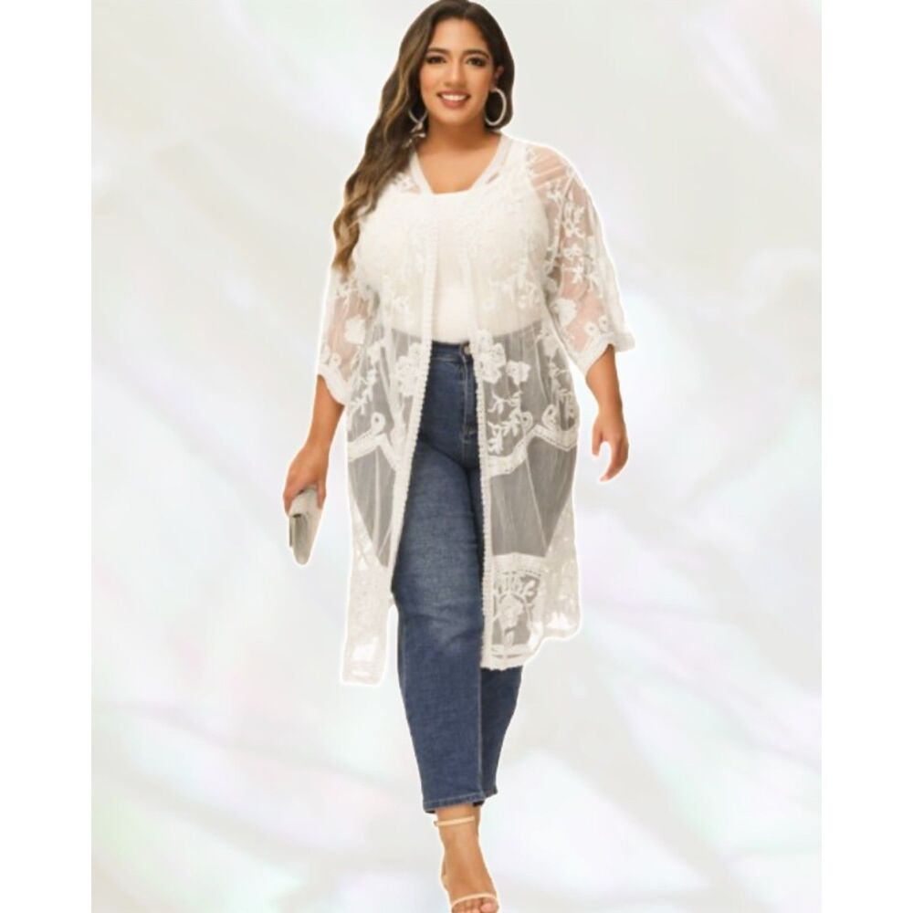 ADIVA - Chic Ivory/Cream Lace Kimono Style Duster Cardigan New - Plus Size 1X